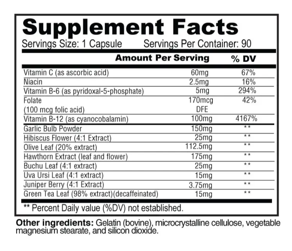 Blood Pressure support supplement facts on a white background