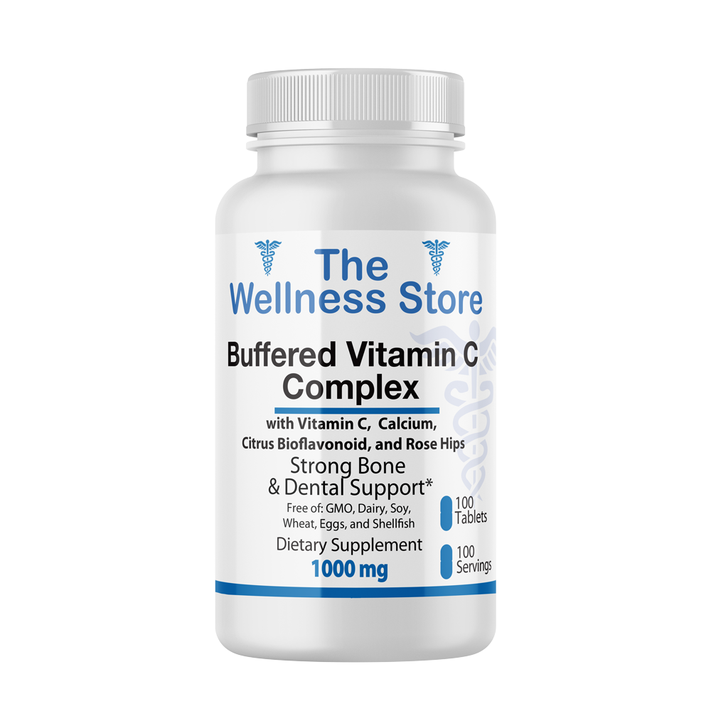 Supplement bottle labeled 'Buffered Vitamin C Complex' from 'The Wellness Store' on a white background