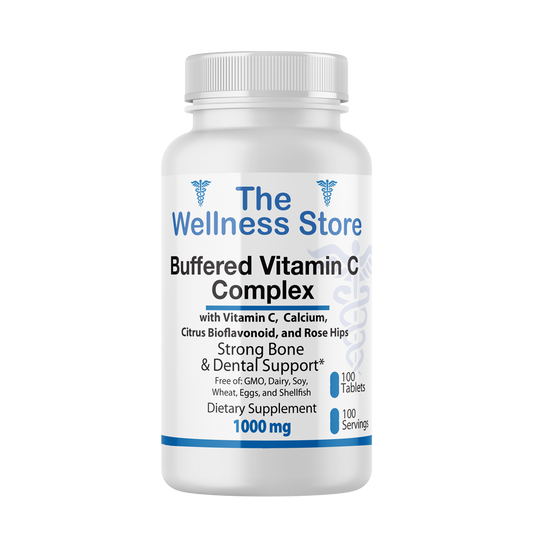 Supplement bottle labeled 'Buffered Vitamin C Complex' from 'The Wellness Store' on a white background