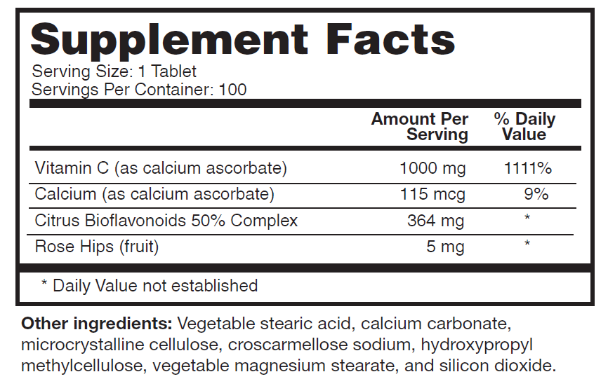 Buffered Vitamin C Complex 1000mg - with Calcium, Citrus Bioflavonoids & Rose Hips