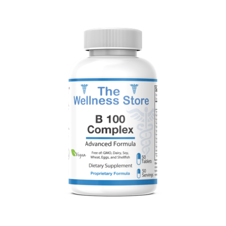Supplement bottle labeled 'B 100 Complex' from 'The Wellness Store' on a white background