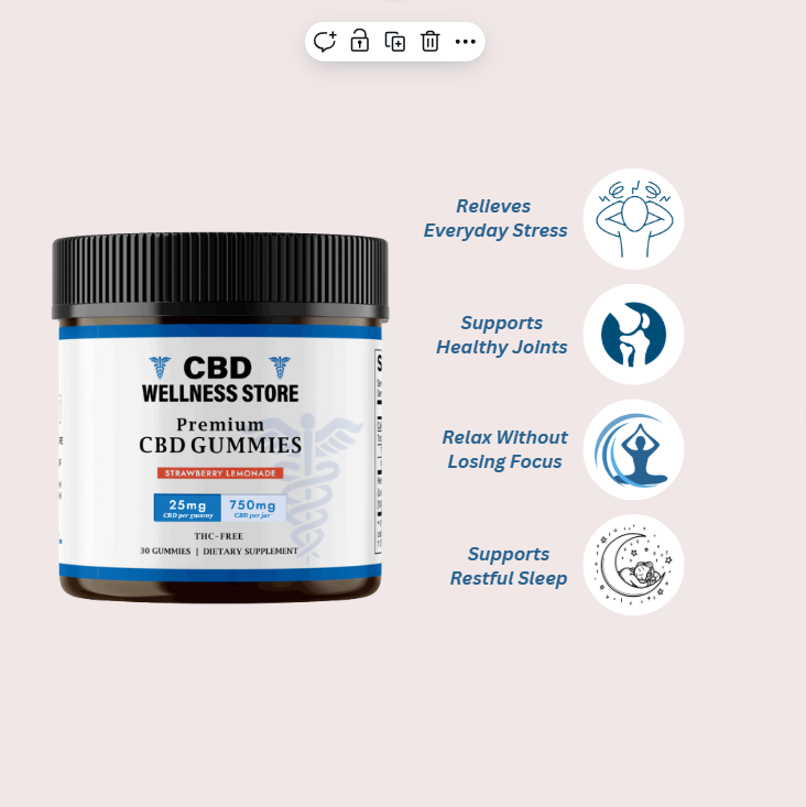 CBD Wellness Store gummies container with benefits listed on a light pink background