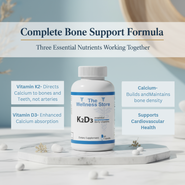 Bottle of 'The Wellness Store K2D3' supplement with text about bone support formula on a light background.