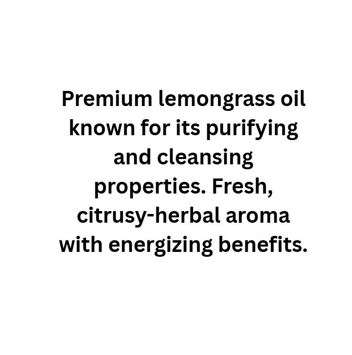 Text describing premium lemongrass oil with its properties and aroma on a white background.