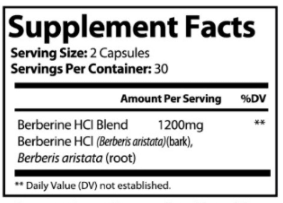 Supplement facts label with Berberine HCI blend on a white background