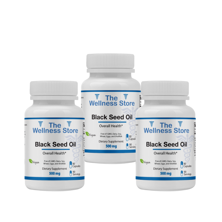 Three bottles of Black Seed Oil from The Wellness Store on a white background