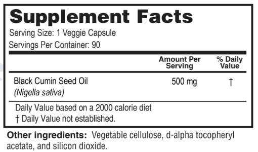 Supplement facts label for Black Cumin Seed Oil capsules with serving size and daily value information.