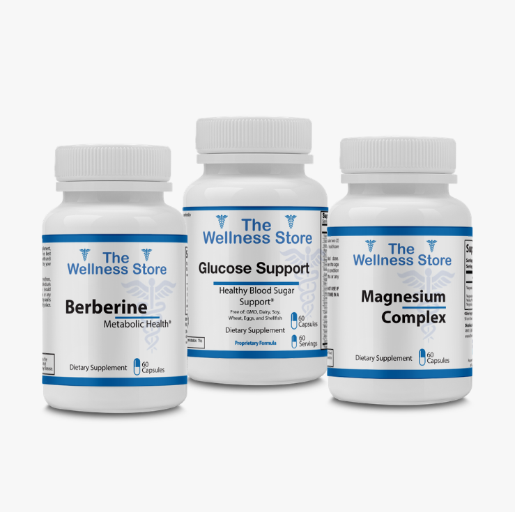 Three bottles of Metabolic/Blood Sugar supplements from The Wellness Store on a white background
