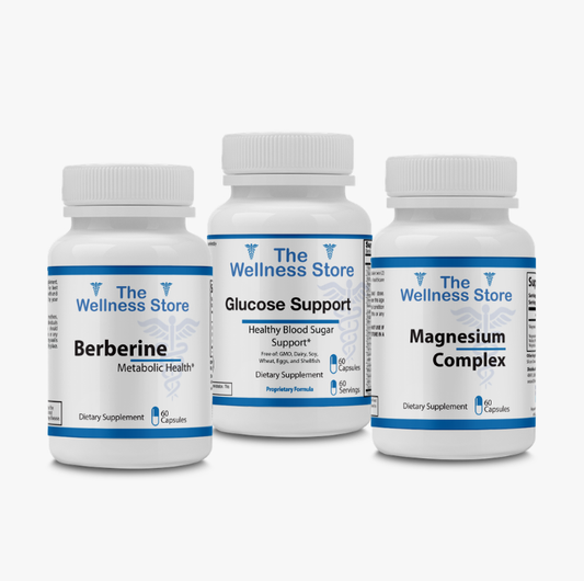 Three bottles of Metabolic/Blood Sugar supplements from The Wellness Store on a white background