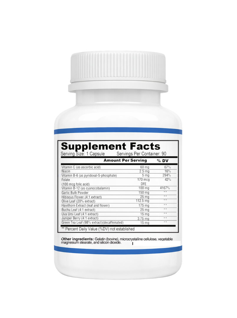 Blood Pressure Support Supplement bottle with label showing 'Supplement Facts' on a white background
