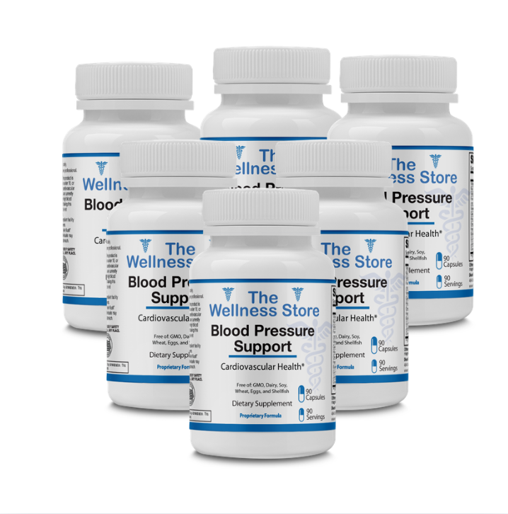 Six bottles of 'The Wellness Store' Blood Pressure Support supplement on a white background