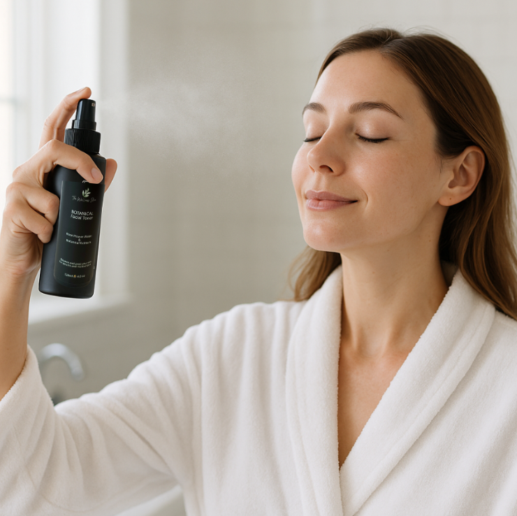 Woman in a white robe holding a black spray bottle in a bathroom setting