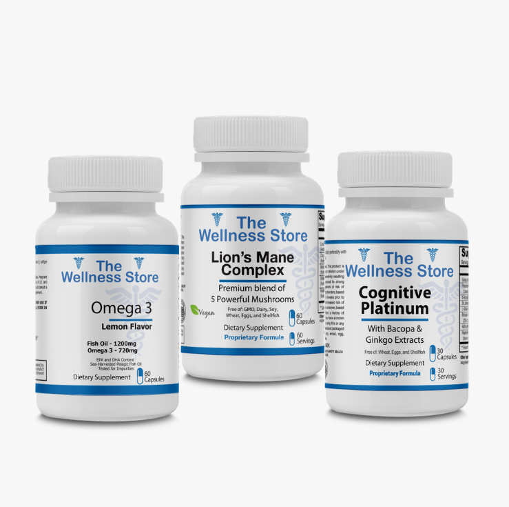 Three bottles of Brain/Cognitive supplements from The Wellness Store on a white background