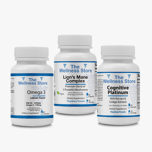 Three bottles of Brain/Cognitive supplements from The Wellness Store on a white background