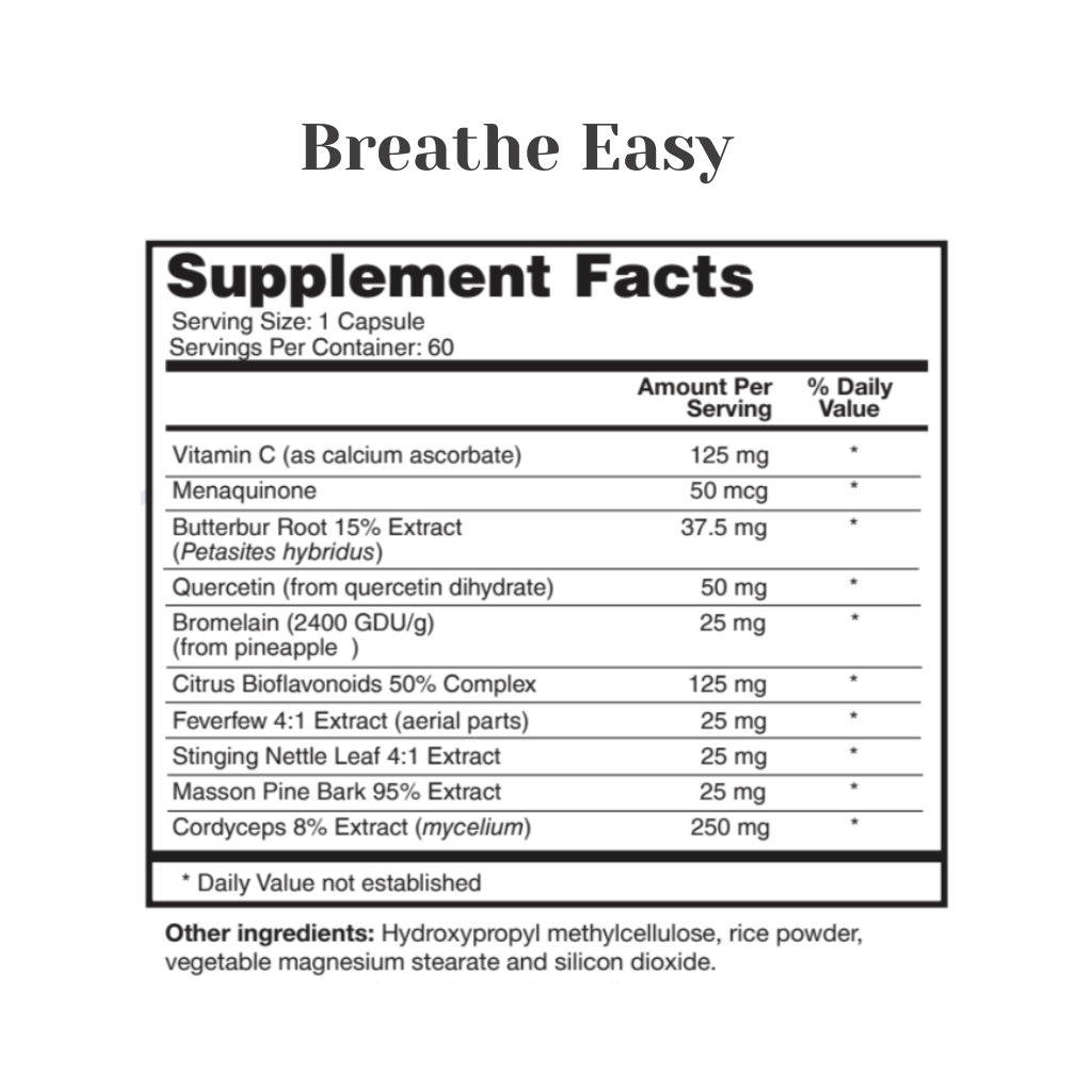 Supplement facts label for a product called 'Breathe Easy' on a white background.
