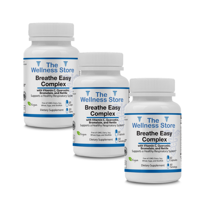 Three bottles of 'Breathe Easy Complex' from The Wellness Store on a white background