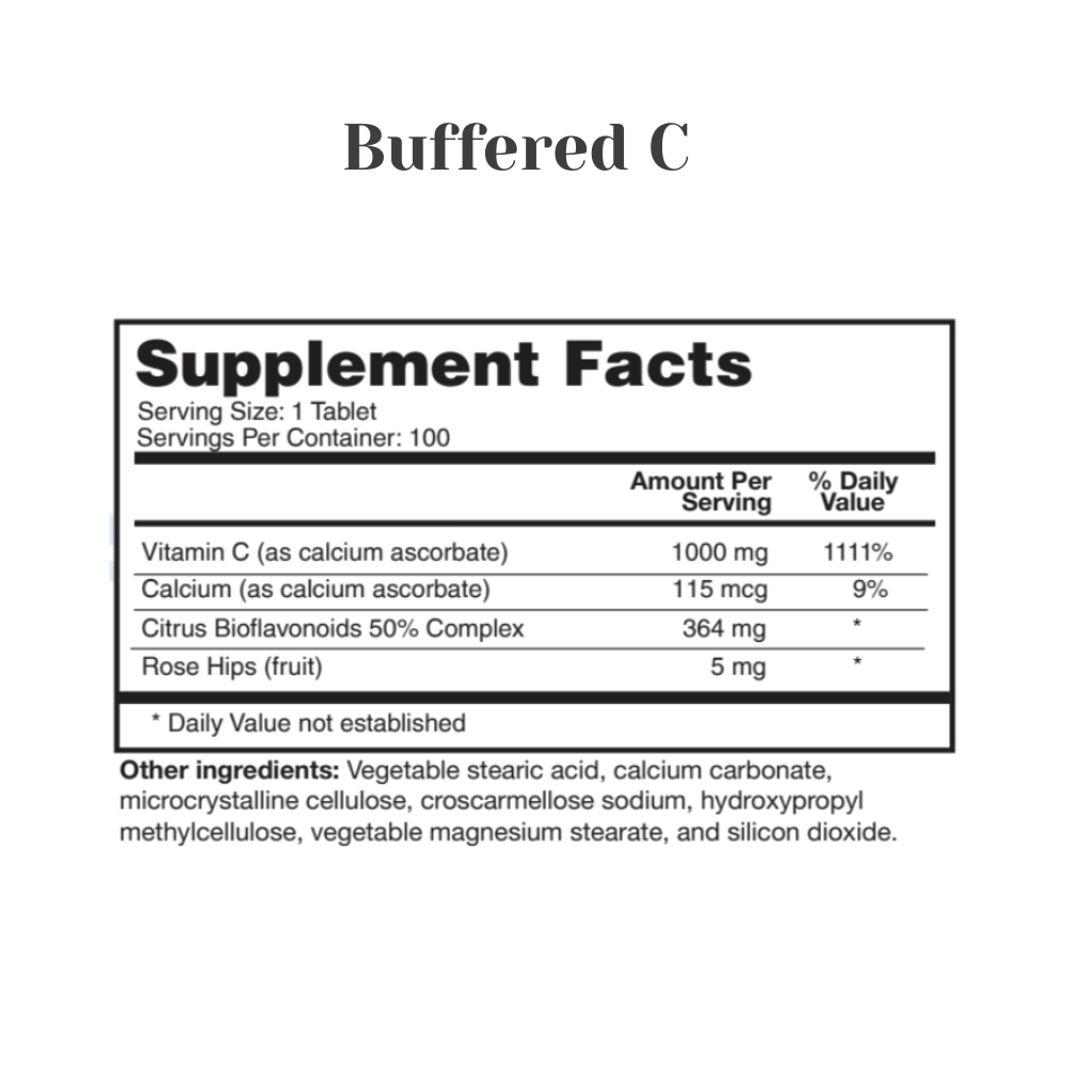 Supplement facts label for a product called 'Buffered C' on a white background.