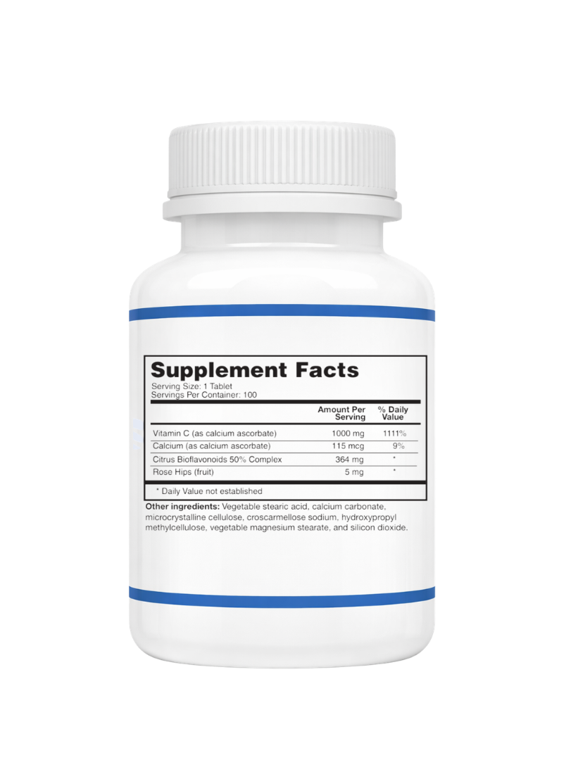 Supplement facts for Buffered Vitamin C on a white background