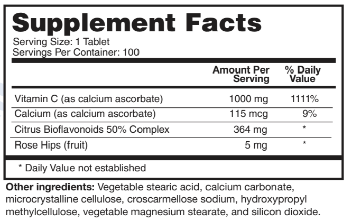 Supplement facts label for buffered Vitamin C Supplement with detailed nutritional information on a white background