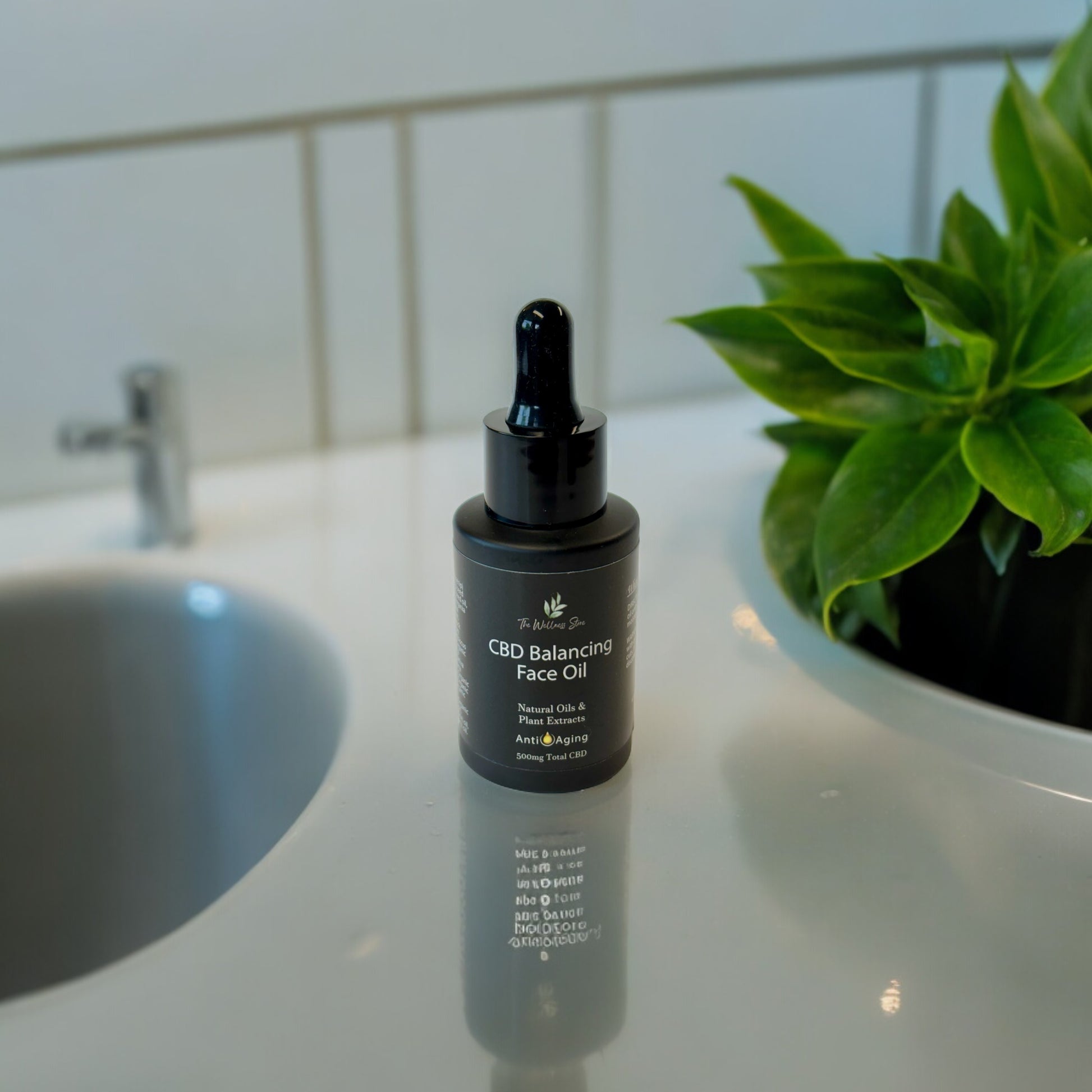 CBD Balancing face Oil on a countertop