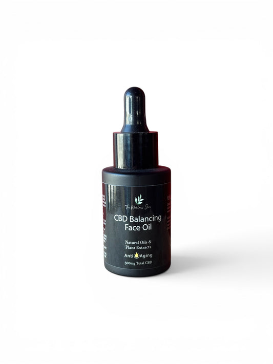CBD Balancing Face Oil bottle with dropper on a white background