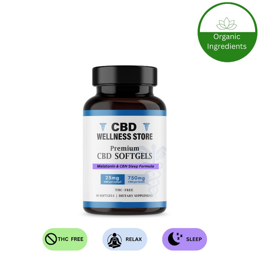 CBD Wellness Store softgels bottle with labels indicating organic ingredients, THC-free, and sleep-related benefits on a white background.
