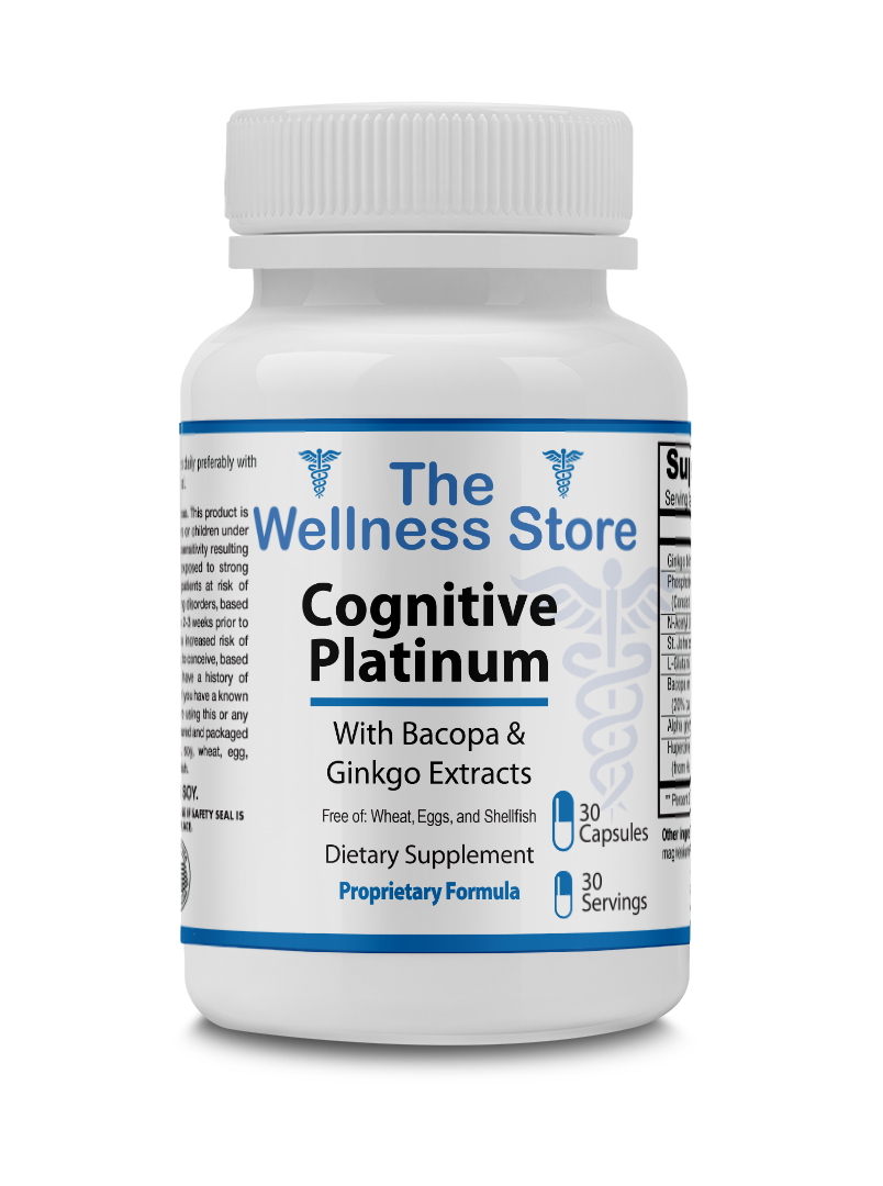 Supplement bottle labeled 'Cognitive Platinum' from 'The Wellness Store' on a white background for cognitive support