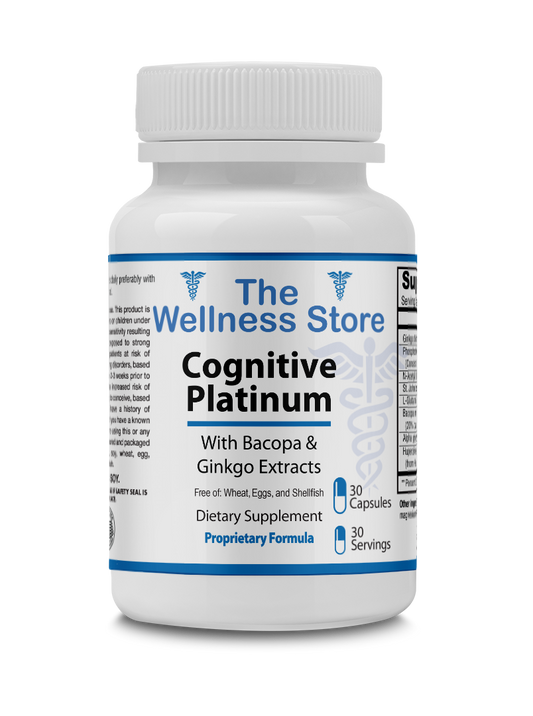 Supplement bottle labeled 'Cognitive Platinum' from 'The Wellness Store' on a white background for cognitive support