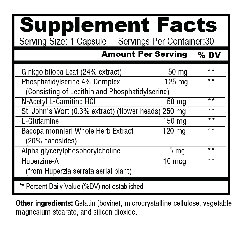 A black and white supplement facts label showing a list of ingredients for cognitive support including  Ginkgo biloba leaf, Phosphatidylserine 4% Complex, N-Acetyl L-Carnitine HCl, St. John's Wort, L-Glutamine, Bacopa monnieri, Alpha glycerophosphorylcholine, and Huperzine-A.