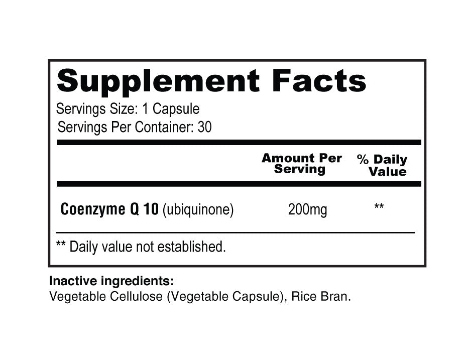 A supplement facts label showing Coenzyme Q10 (ubiquinone) 200mg, with servings size 1 capsule and inactive ingredients listed below on a white background.