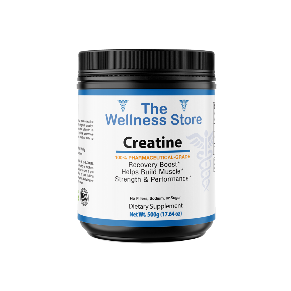 Supplement container labeled 'The Wellness Store Creatine' on a white background