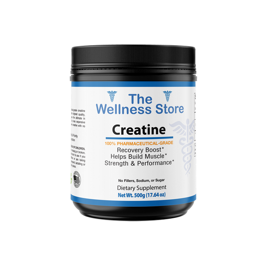 Supplement container labeled 'The Wellness Store Creatine' on a white background