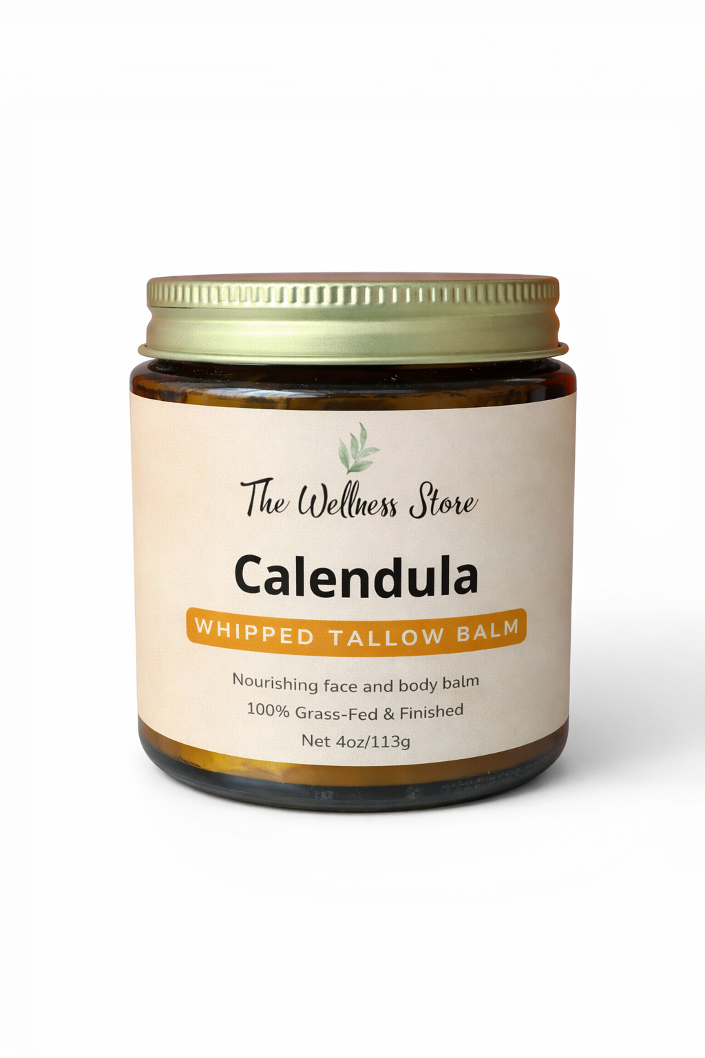 Jar of Calendula Whipped Tallow Balm from The Wellness Store on a white background