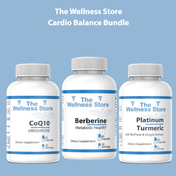Three bottles of The Wellness Store supplements on a blue background