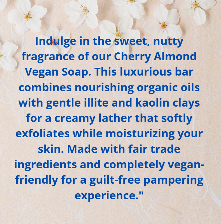 Advertisement for Cherry Almond Vegan Soap with text and white flowers on a beige background