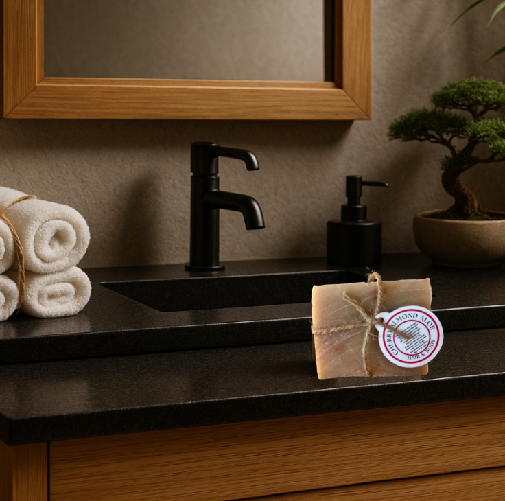 Bathroom sink with black faucet, soap dispenser, and rolled towels on a wooden vanity.