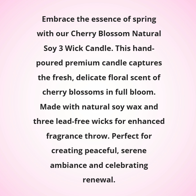 Advertisement for Cherry Blossom Natural Soy 3 Wick Candle with text on a pink gradient background