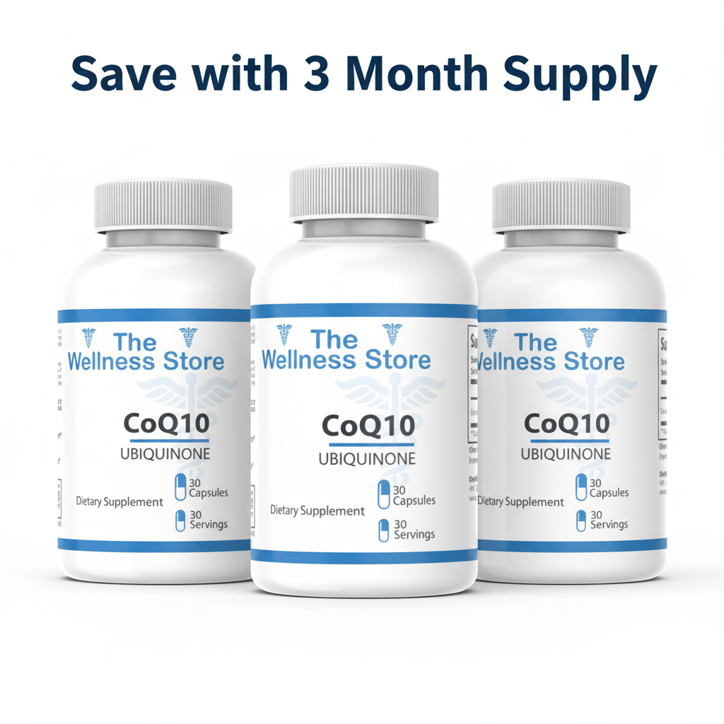 3 bottles CoQ10 with "Save with 3 Month Supply" text