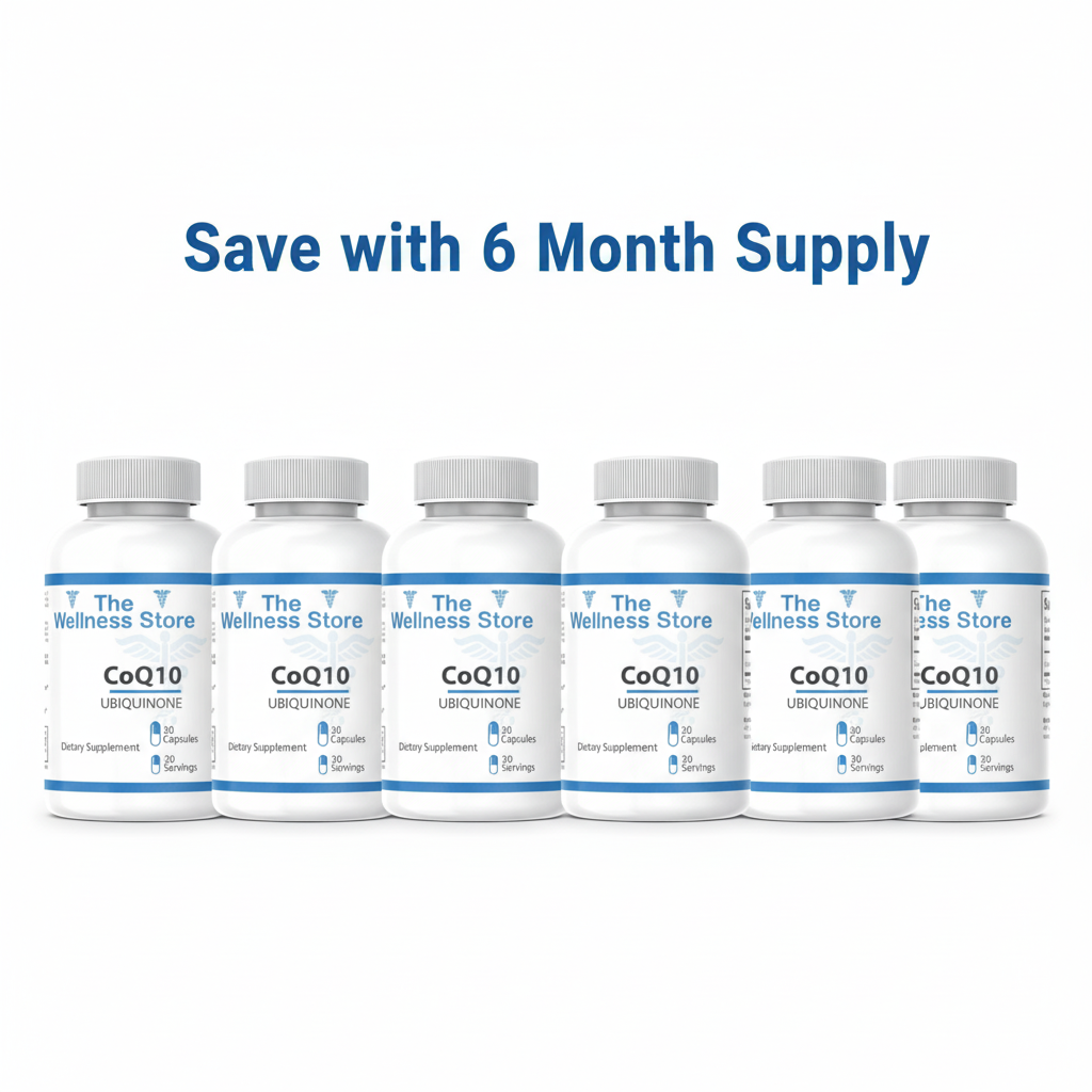 6 bottles CoQ10 with "Save with 6 Month Supply" text