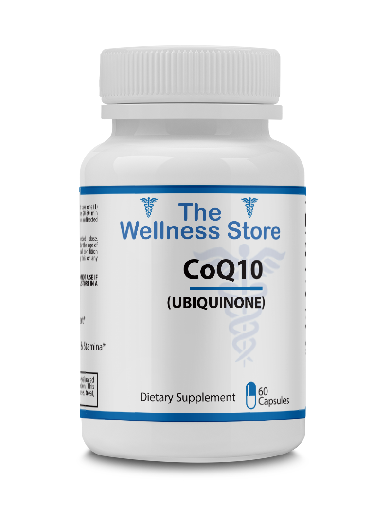 Supplement bottle labeled 'CoQ10' from 'The Wellness Store' on a white background