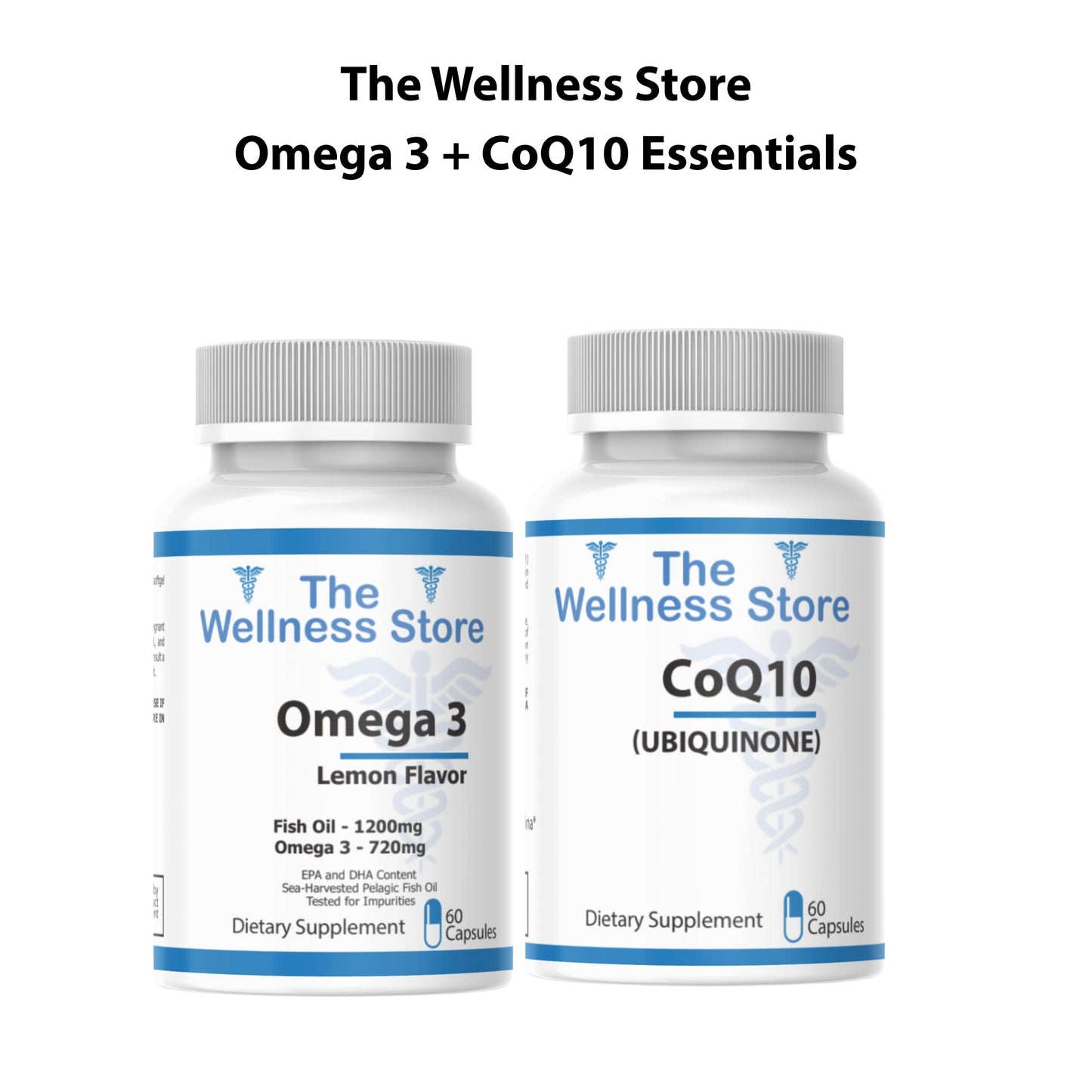 CoQ10 + Omega-3 Essentials supplement bundle bottle from The Wellness Store for heart health and cellular energy support"
