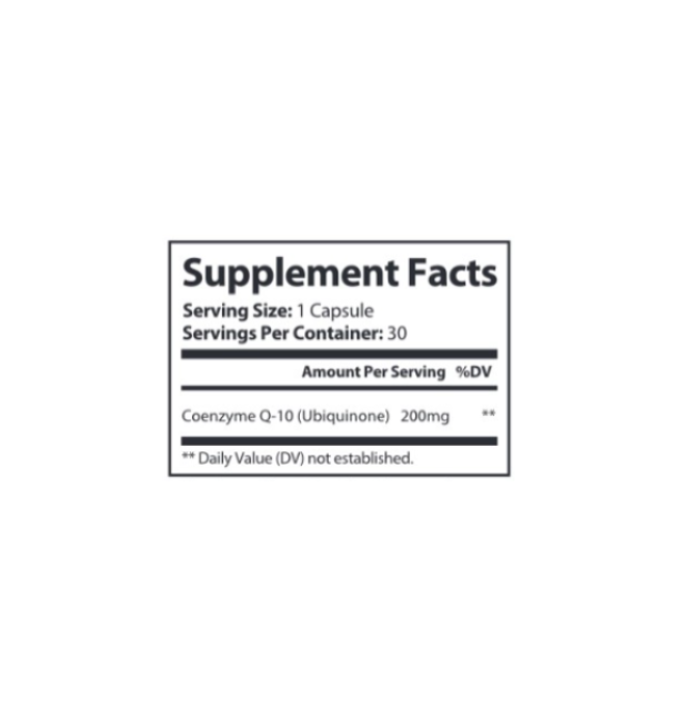 Supplement facts label with Coenzyme Q-10 information on a white background