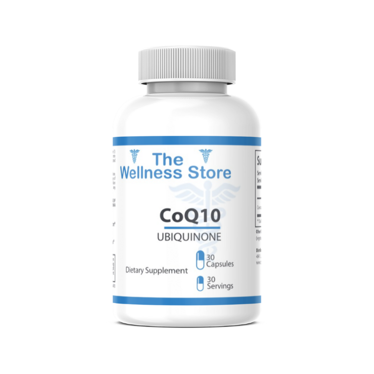 Supplement bottle labeled 'CoQ10 Ubiquinone' from 'The Wellness Store' on a white background