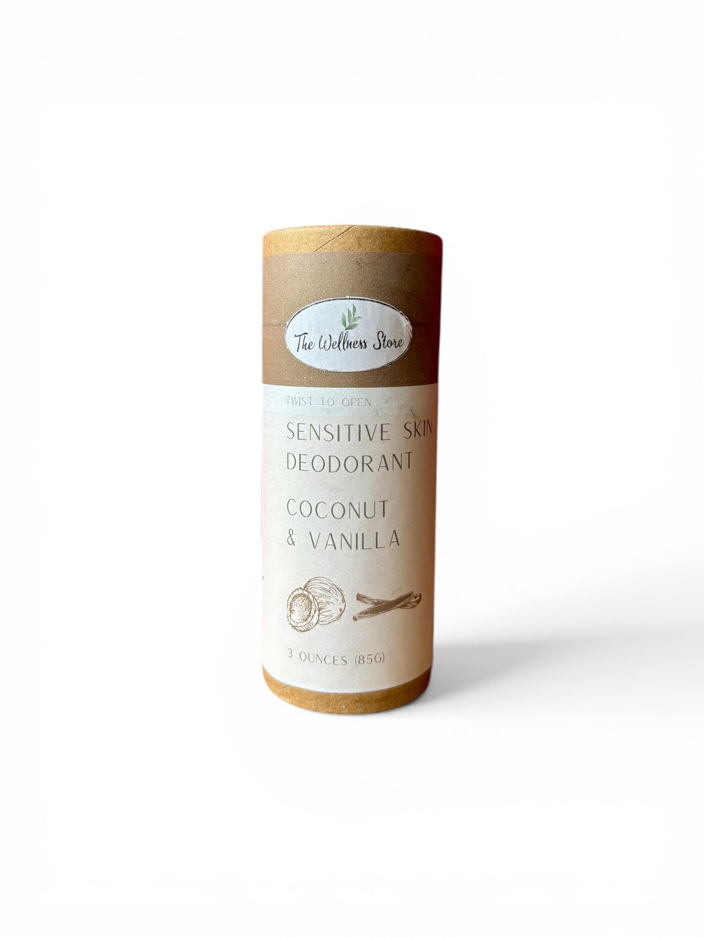Natural Deodorant stick with coconut and vanilla  on a white background