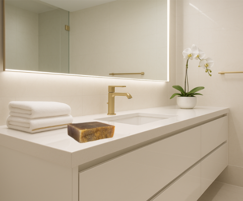 Bathroom vanity with sink, mirror, and decorative elements.