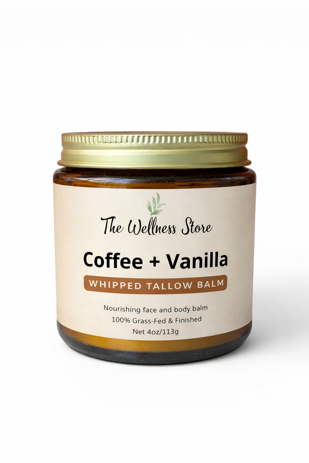 Jar of Coffee + Vanilla Whipped Tallow Balm from The Wellness Store on a white background
