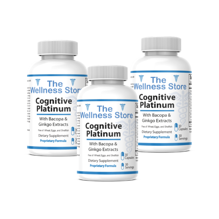 Three bottles of 'Cognitive Platinum' from 'The Wellness Store' on a white background