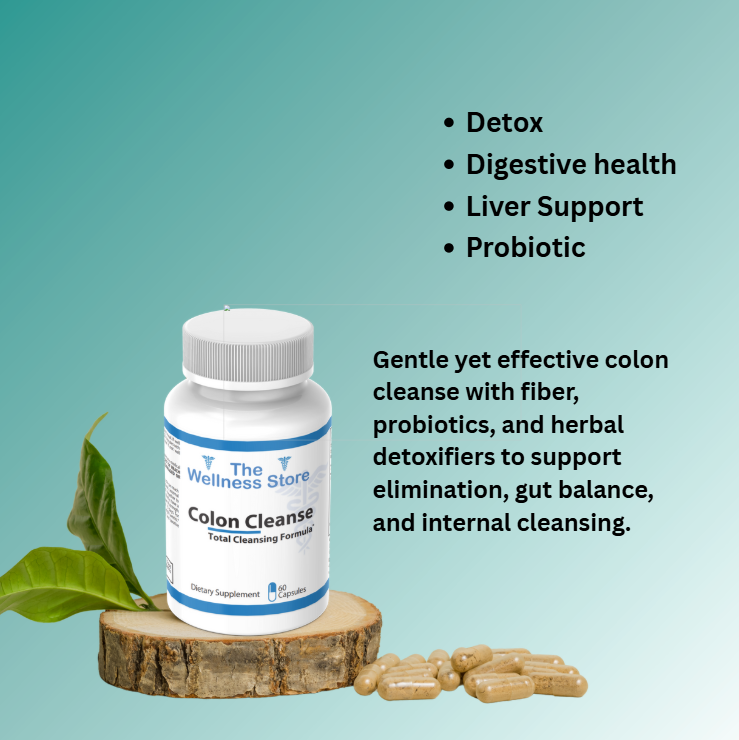 Colon cleanse supplement bottle with text on a teal background