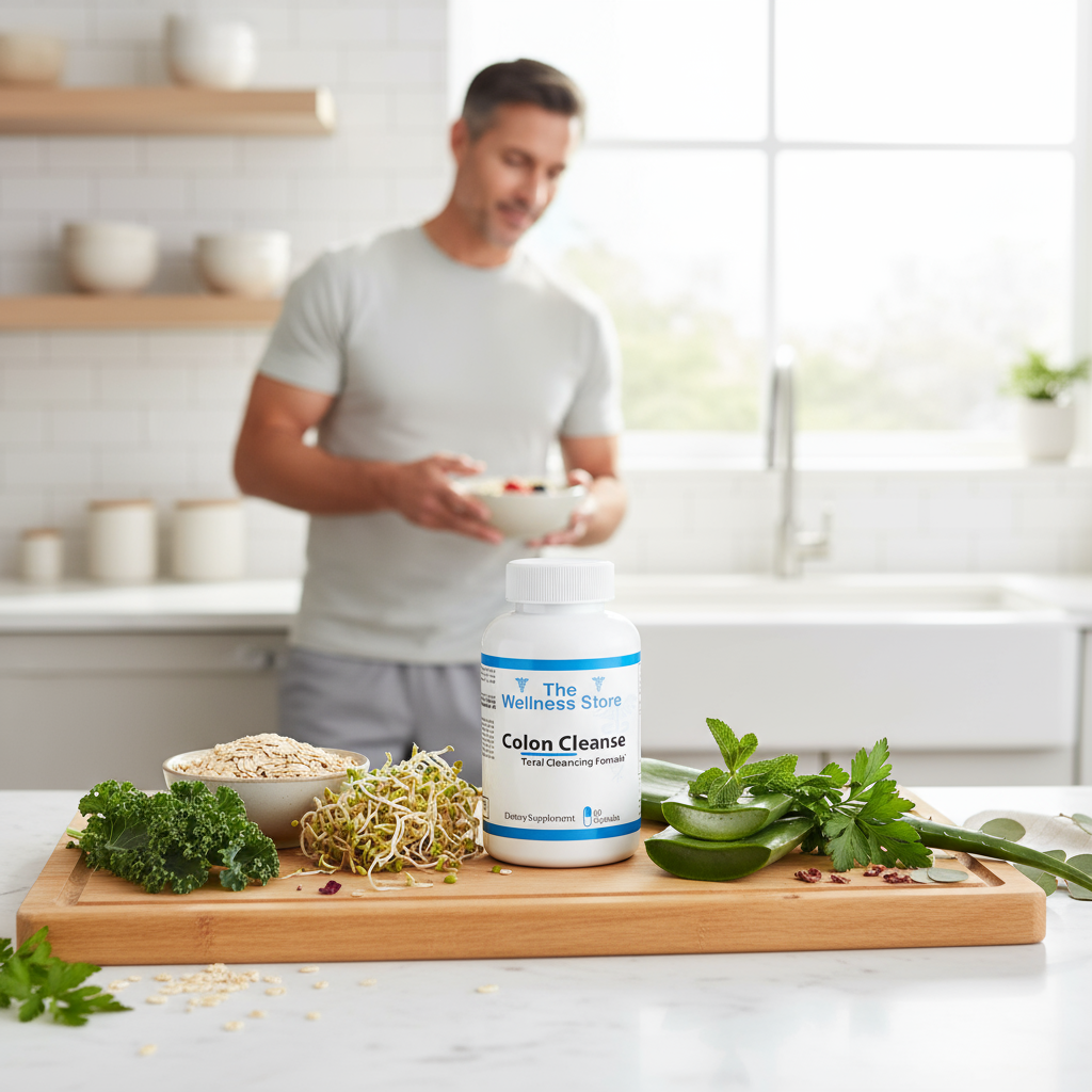 Colon Cleanse from The Wellness Store on a cutting board with natural ingredients for detox with a blurred image of a man in the background