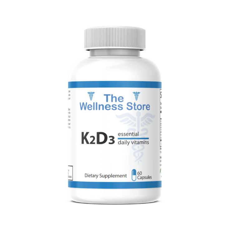 Supplement bottle labeled 'K2D3' from 'The Wellness Store' on a white background